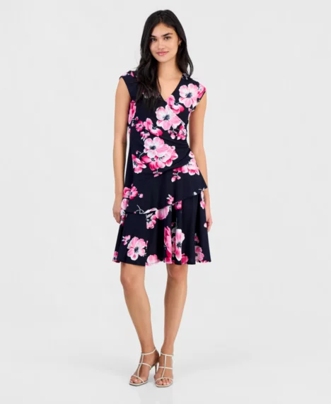 Petite Floral-Print Ruffle Cap-Sleeve Dress - Navy.pink