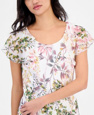 Petite Floral Flutter-Sleeve Midi Dress