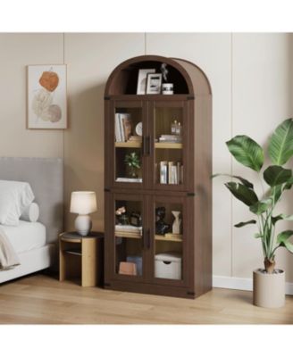 71.6" Arched Display Cabinet, 5-Tier Arched Bookcase with Glass Doors, Bookshelf, Kitchen Pantry, Modern Fluted Wooden Storage