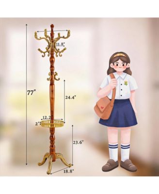 Wooden Coat Rack with Tree Design, 14 Hooks, Sturdy Base, Vintage Style