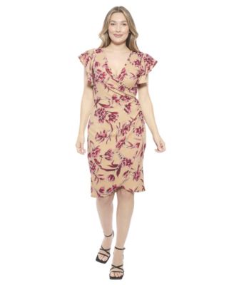 Women's Floral Flutter Sleeve Faux Wrap Knee Length Dress