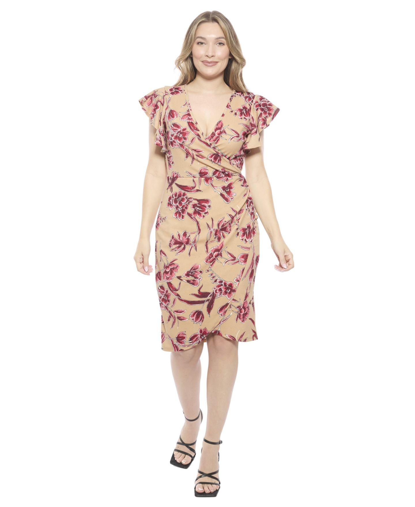 Женское платье 24seven Comfort Apparel Floral Flutter Sleeve Faux Wrap Knee Length, цвет: С принтом — фото 1
