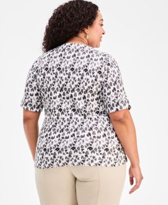 Plus Size Printed Boat-Neck Elbow Sleeve Cotton Top