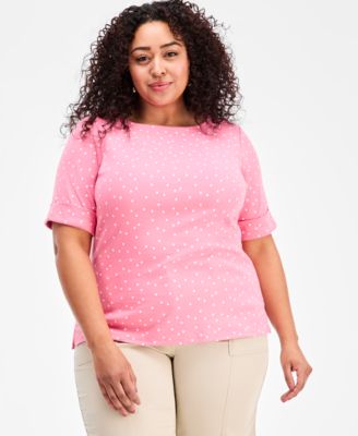 Plus Size Printed Boat-Neck Elbow Sleeve Cotton Top