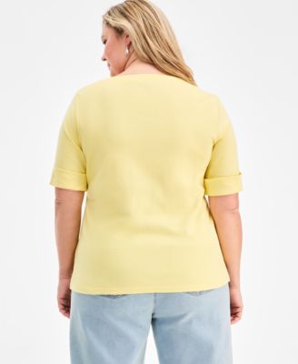 Plus Size Boat-Neck Elbow Sleeve Cotton Top