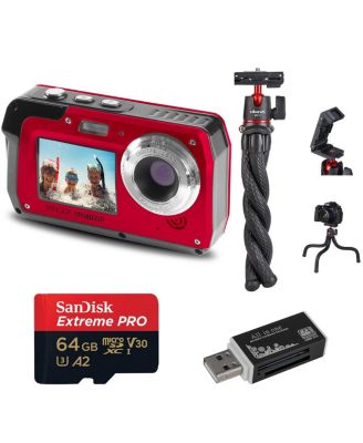 MN40WP 48MP QHD Dual LCD Screen Waterproof Camera, Red with accessory kit