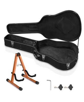 Acoustic Guitar Hard Case Wooden Hard Shell w/ Wood Folding Guitar Stand