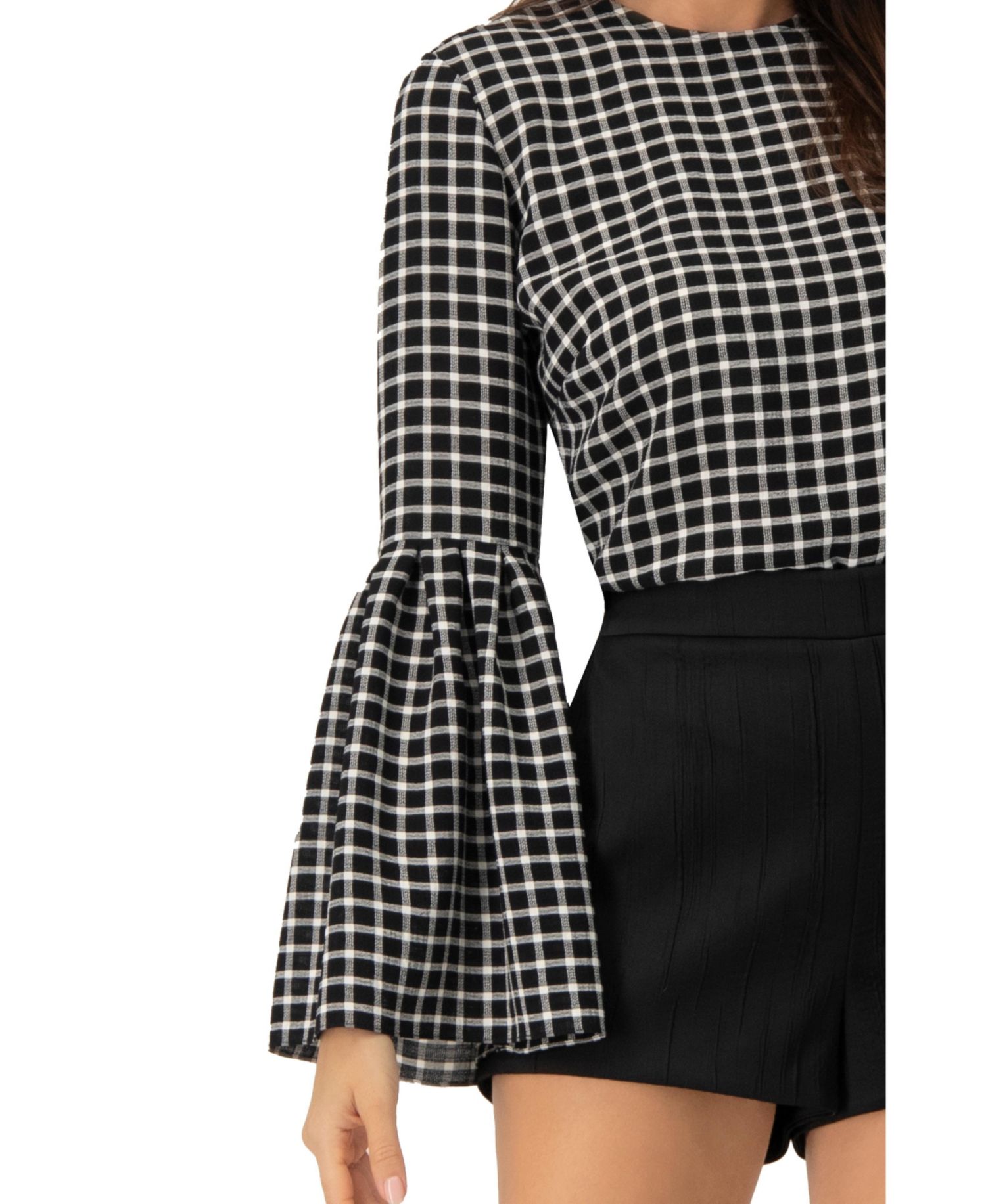 Women's Check Blouse with Puffed Sleeves