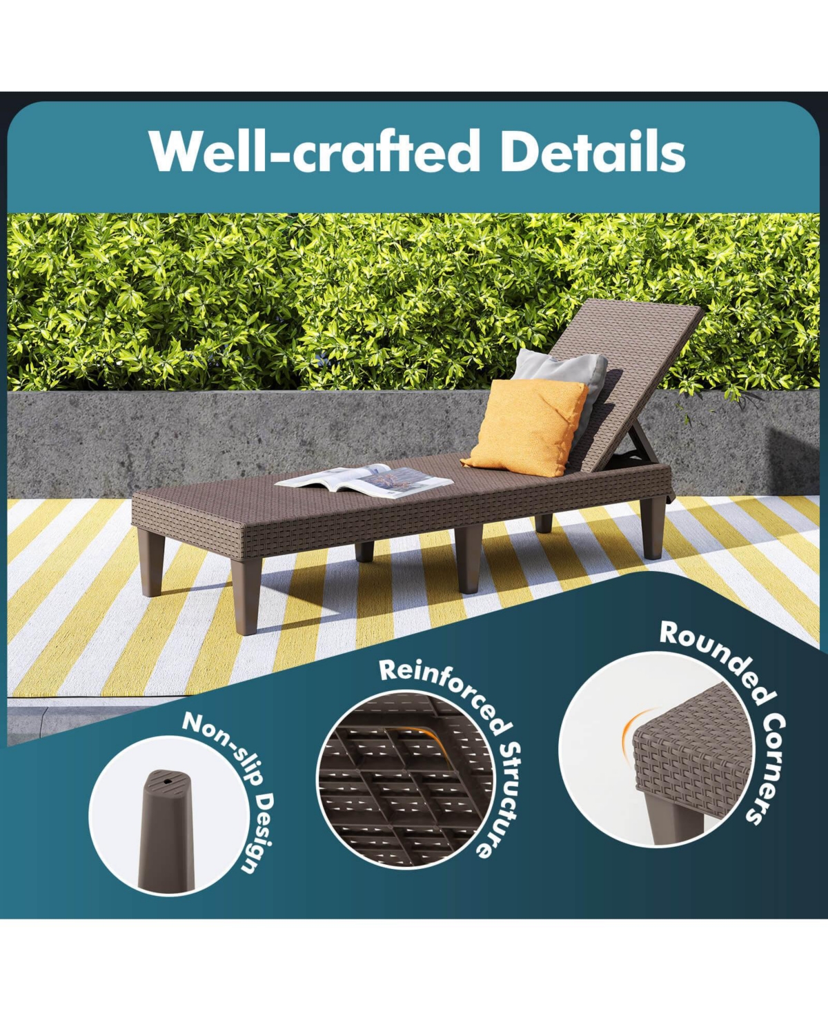 Patio Lounge Chair Recliner with 3-Position Adjustable Backrest & Cushion