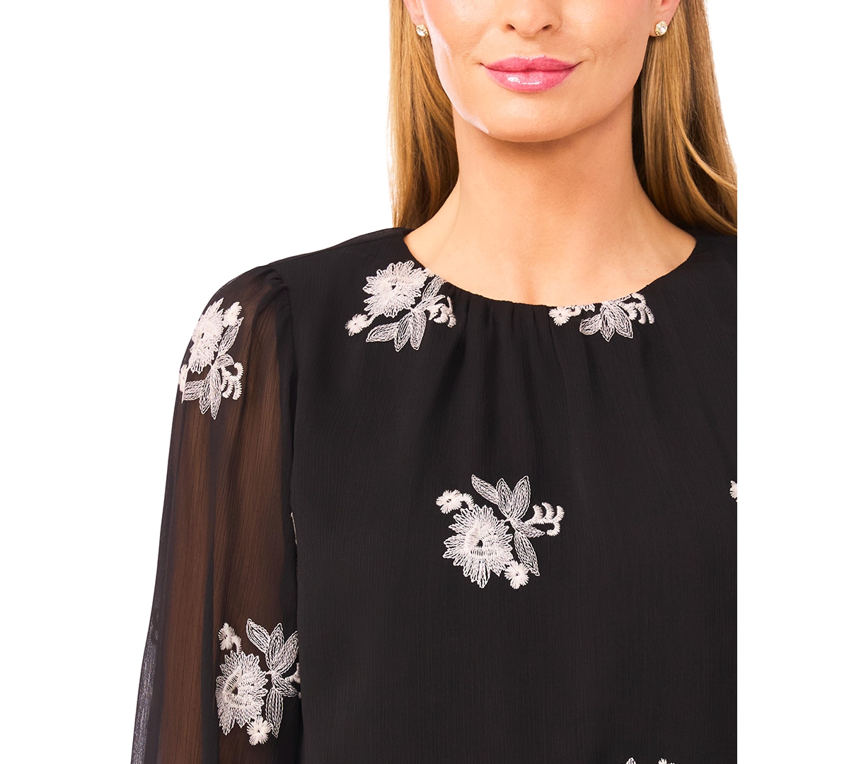CeCe Women's Floral Print Smocked Cuff Blouse