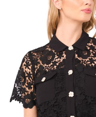Women's Short Sleeve Button-Down Lace Top