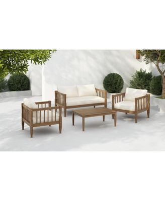 4 Piece Light Brown Patio Conversation Set with Acacia Wood Frame Coffee Table Thick Cushions for Backyard Porch Balcony