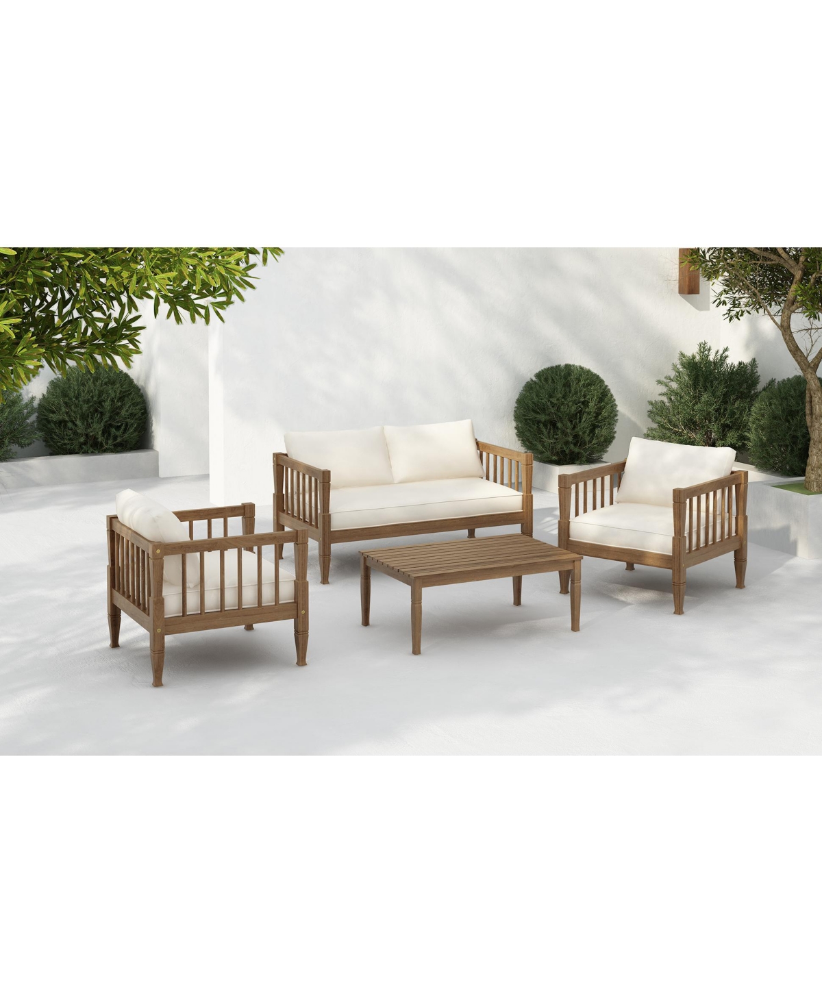 Flynama 4 Piece Light Brown Patio Conversation Set with Acacia Wood Frame Coffee Table Thick Cushions for Backyard Porch Balcony