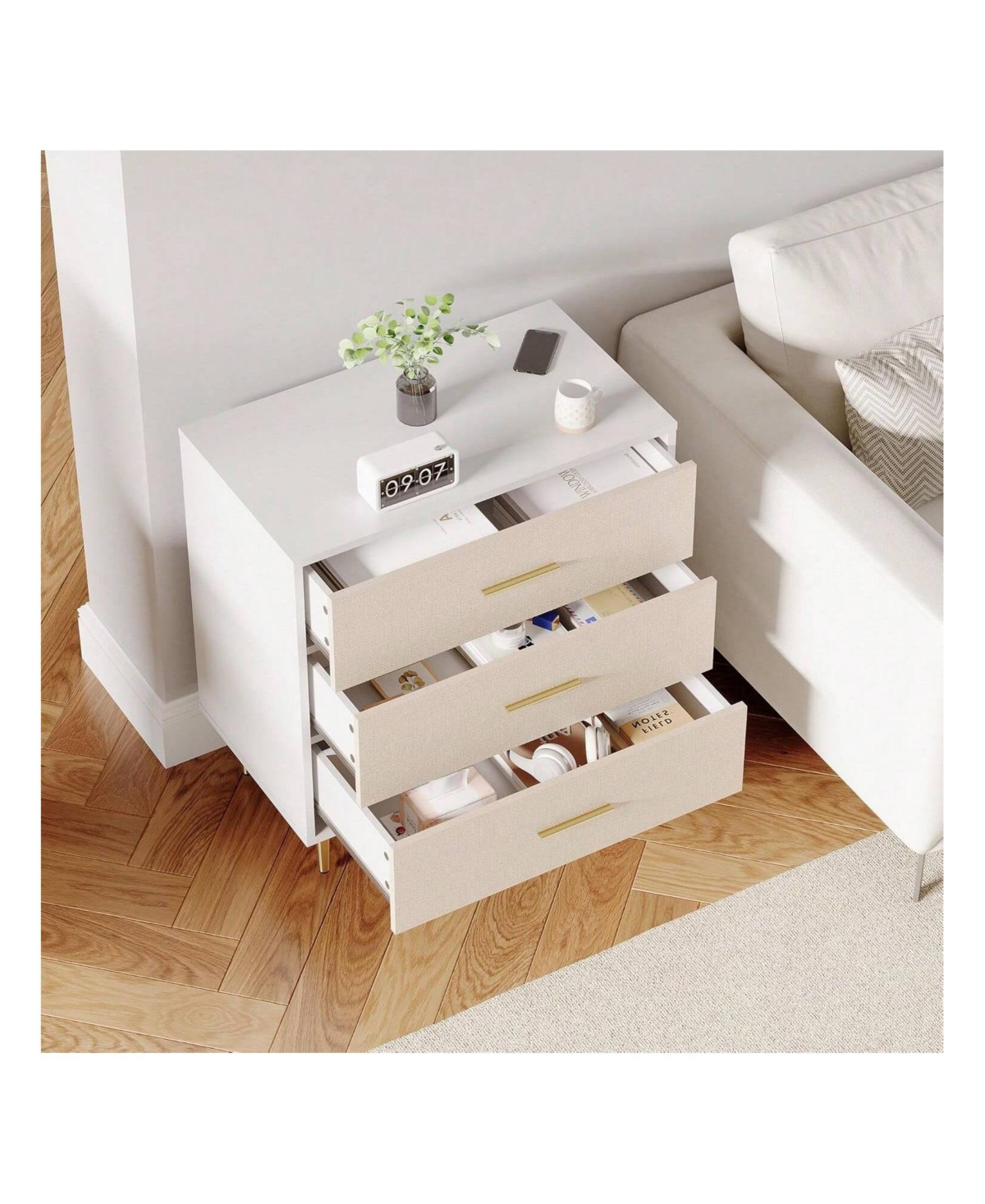 Gaomon Modern White 3-Drawer Slim Nightstand, Gold Metal Legs Bedside Dresser for Small Bedroom Spaces