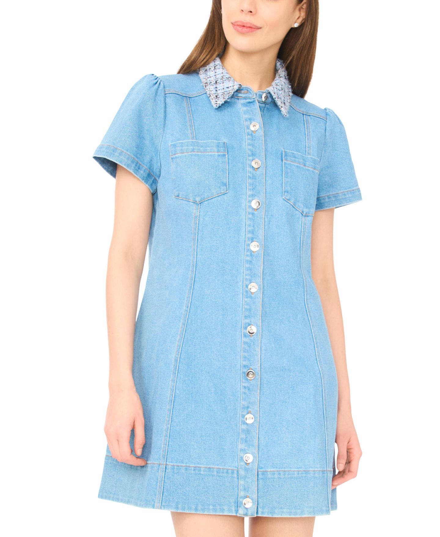 Женское платье CeCe Tweed Collar Denim Mini, цвет: Светлый синий варёный — фото 2