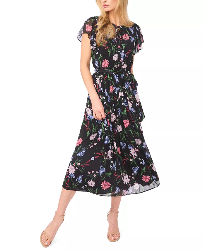Women's Ruffle Detail Tie Neck Midi Dress