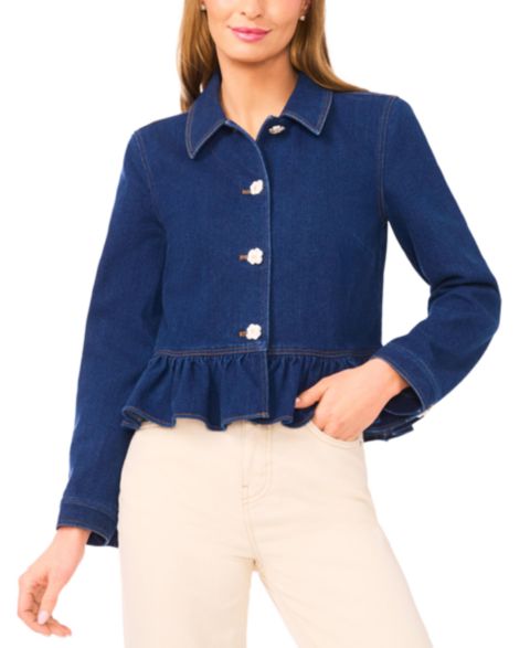 Женские куртки CeCe Collared Neck Peplum Denim Jacket