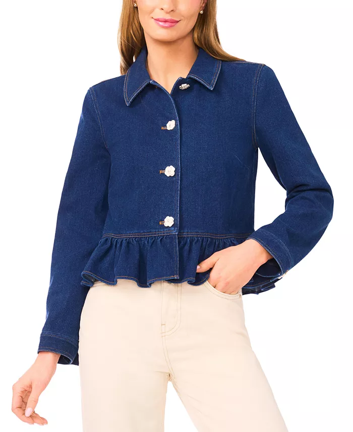 Women's Collared Neck Peplum Denim Jacket