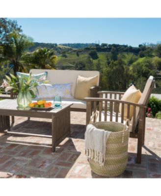 4 Piece Acacia Wood Outdoor Chat Set Water Resistant Cream Gray Cushions Heavy Duty Frame for Patio Garden Leisure