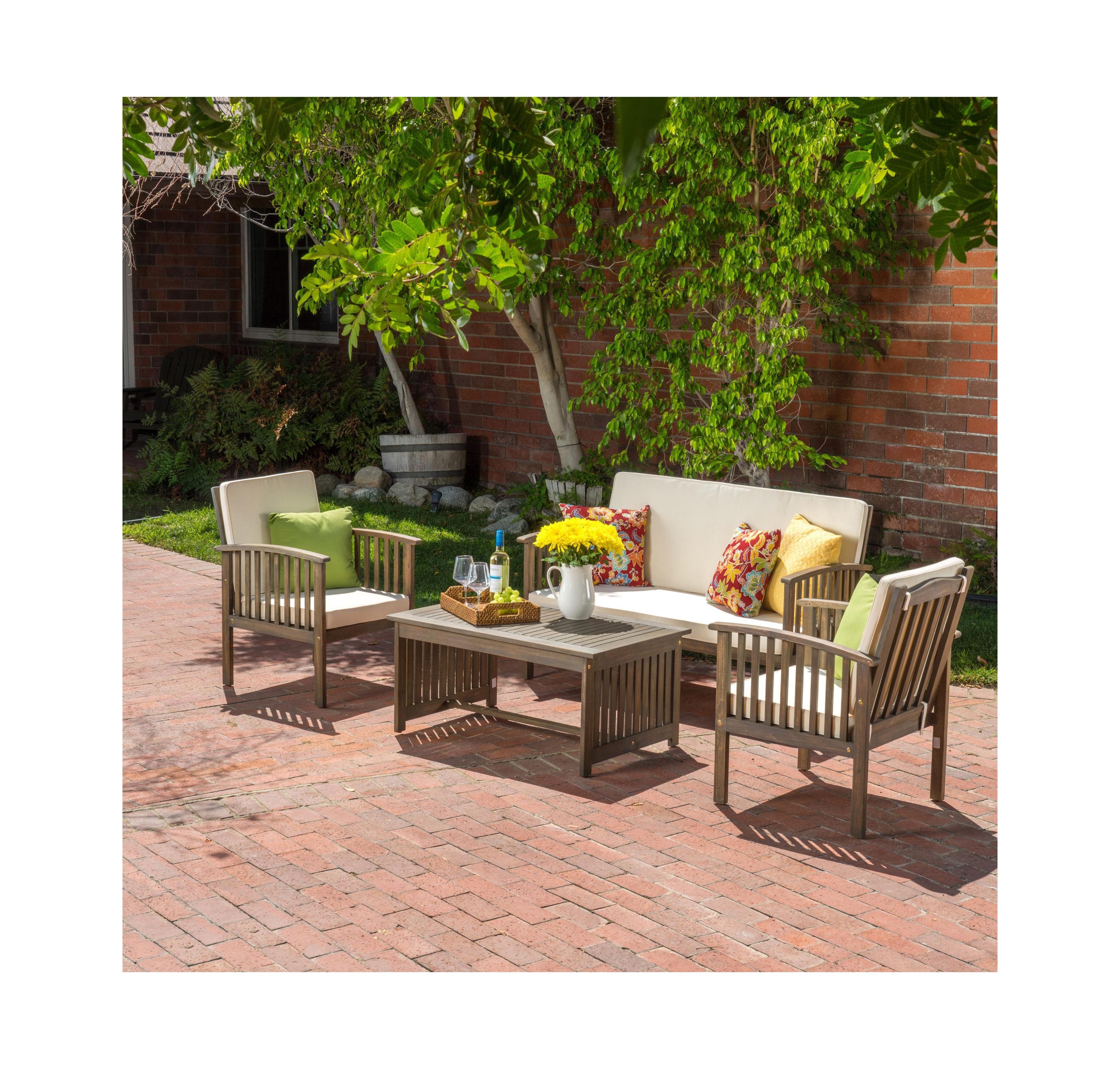 Flynama 4 Piece Acacia Wood Outdoor Chat Set Water Resistant Cream Gray Cushions Heavy Duty Frame for Patio Garden Leisure