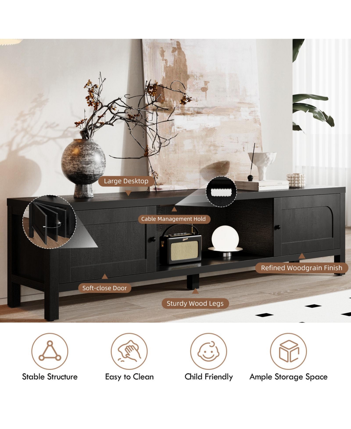 Sugift 70" Tv Stand with Storage Modern Media Console with Doors Cable Management and Wood Legs for Living Room