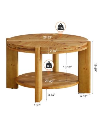 Round Solid Wood Coffee Table, 29.5" Farmhouse Circle Accent Center Tables, 2 Tiers Open-Style Storage Cocktail Tea Furniture