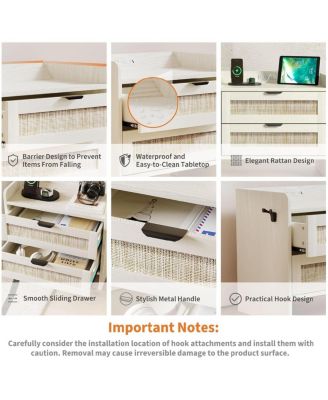 Set of 2 Rattan Nightstands, 2-Drawer Bedside Table with Type-C Charging Station