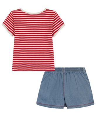 Girls' Toddler 2T-4T Striped Pointelle Rib T-Shirt & Star Patch Denim Skort, 2-Piece Set