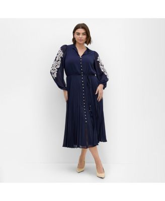 Women's Plus Size Adorn Sleeve Pleat Midi Dress