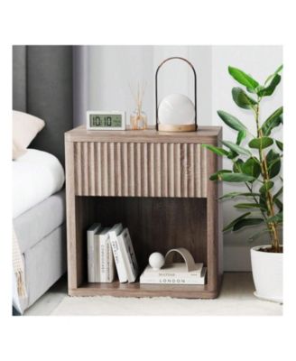 Set of 2 Mid Century Fluted Wood Nightstands, Modern Farmhouse Drawer Storage End Table for Bedroom