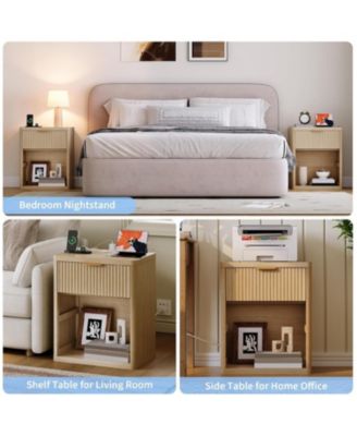 Set of 2 Natural Fluted Nightstands, Bedside Table with Charging Station Drawers & Open Storage