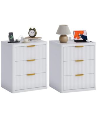 Set of 2 White Fluted Nightstands, 3-Drawer Bedside Table with Built-in Charging Station & Open Storage