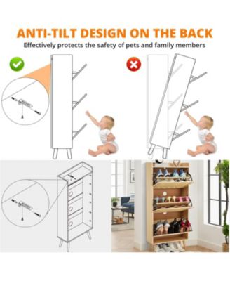 Shoe Cabinet with 3 Flip Drawers, Narrow 3-Tier Storage Organizer with Woven Rattan Front, Space-Saving Entryway Shoe Bench for Hallway, Porch