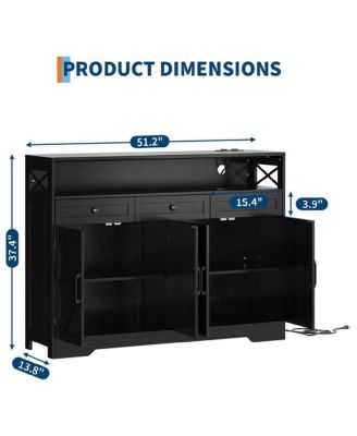 Farmhouse Black Sideboard Buffet Cabinet with Storage Shelf and Built-in Charging Station, 51-inch Large Coffee Bar Hutch