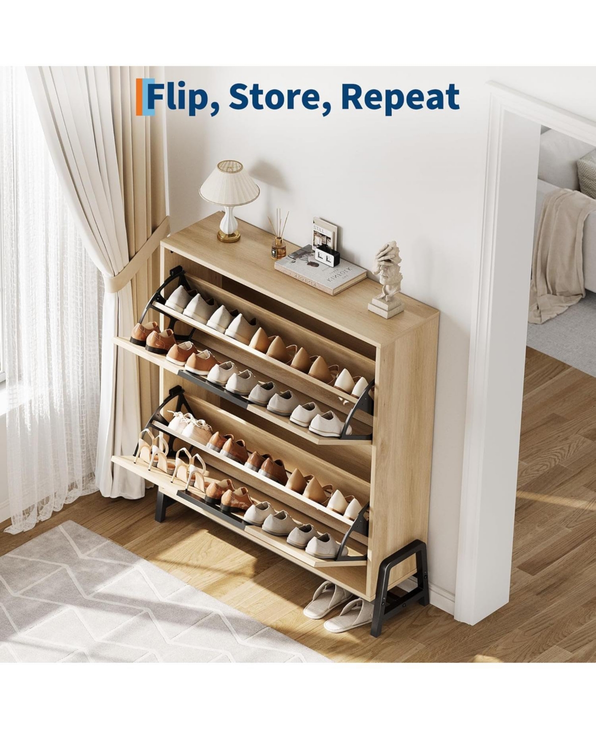 gaomon Shoe Storage Cabinet with 2 Flip Drawers, Freestanding Organizer Metal Legs, Adjustable Shelf Narrow Rack