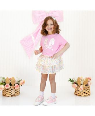 Little Girls Lace Bunny Bow Patch Easter Short Sleeve T-Shirt