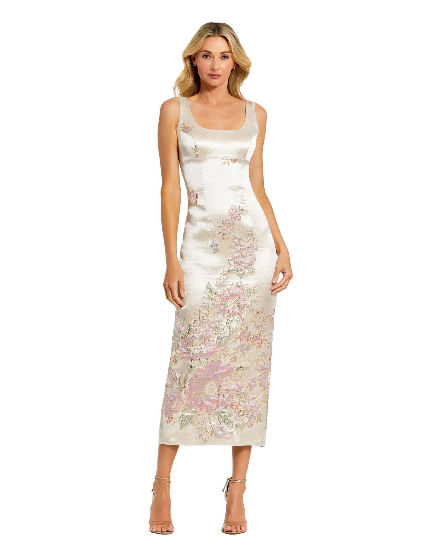 Женское платье Mac Duggal Petite Slim Strap Scoop Neck Bustier Brocade Midi, цвет: Шампань разноцветный — фото 1