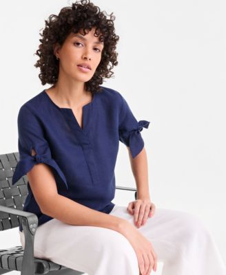 Women's 100% Linen Split-Neck Tie-Cuff Top