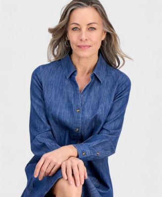 Petite Denim Flounce-Hem Shirtdress