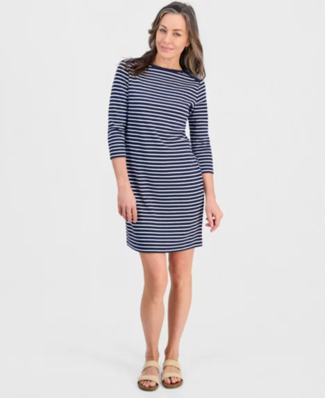 Petite Striped Knit Envelope-Neck 3/4-Sleeve Dress - Crew Stripe Navy