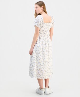 Juniors' Textured Floral Printed Puff-Sleeve Midi Dress