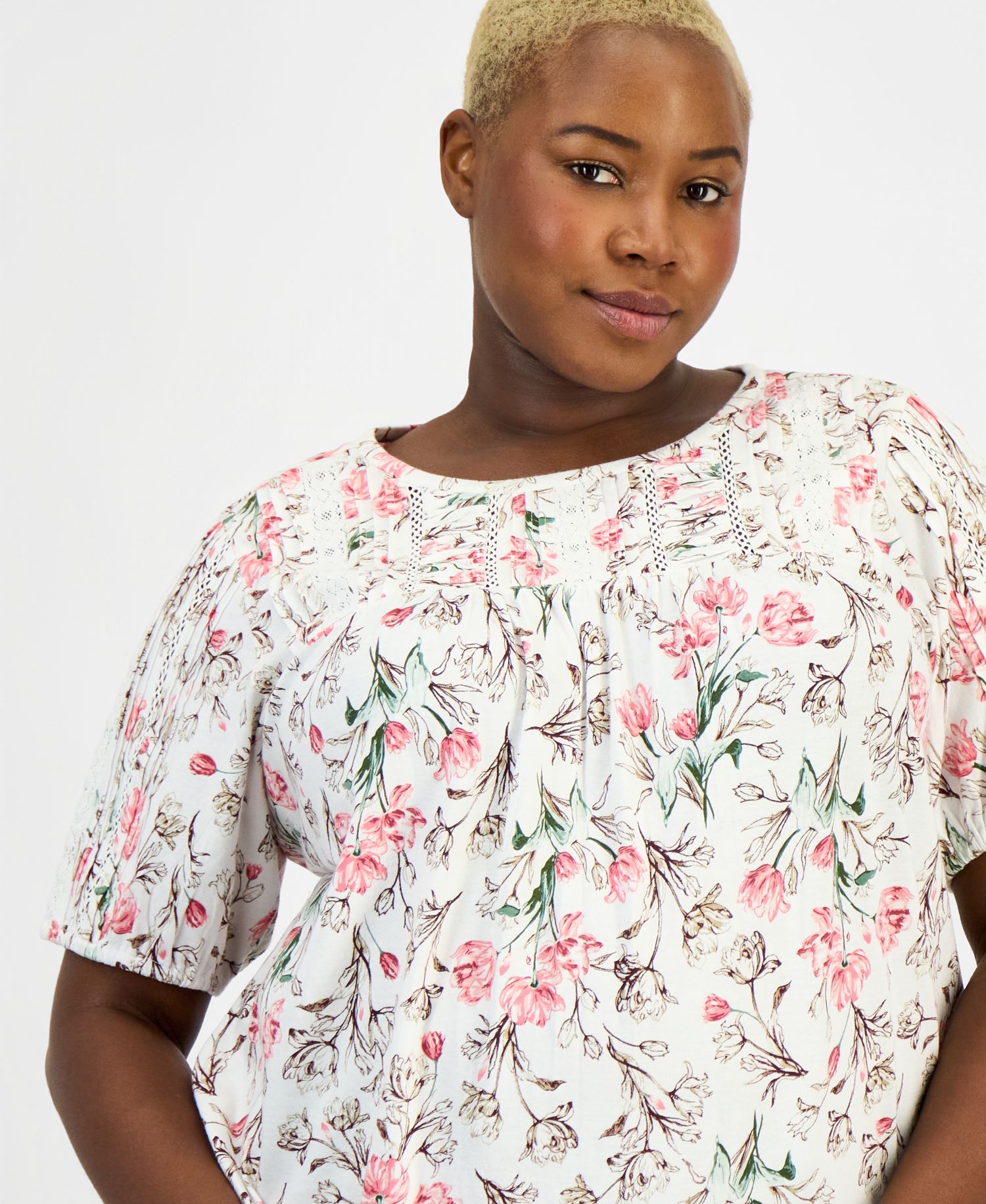 Petite Printed Lace Trim Cotton Short-Sleeve Blouse