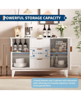 Fluted Sideboard Buffet Cabinet, 47.2in Large Accent Coffee Bar Cupboard Storage Cabinet with 3 Drawers 2 Doors for Kitchen Living Room