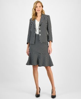 Women's Polka Dot Jacquard Blazer, Ruffle-Trim V-Neck Top & Polka Dot Flared-Hem Pencil Skirt, Regular & Petite