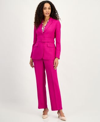 Women's Belted Notch Collar Blazer, Tie-Neck Sleeveless Top & Claire M&eacute;lange Straight Leg Pants