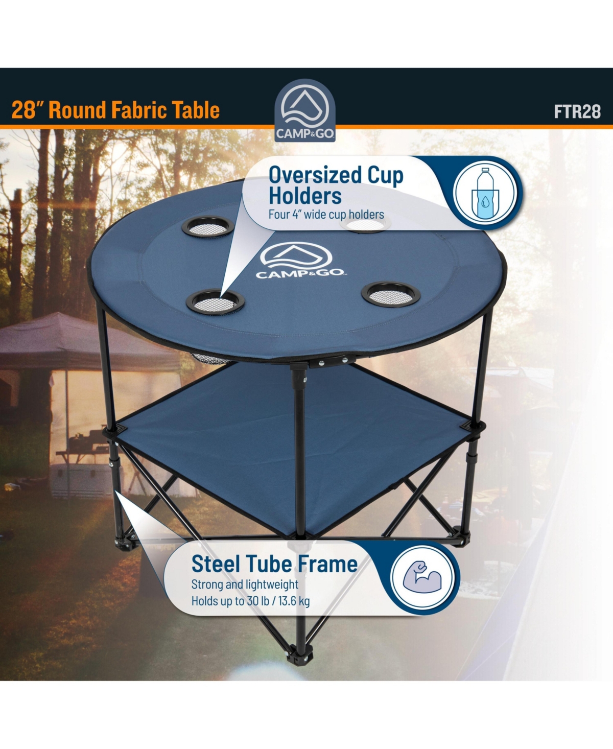 Camp & Go 2 x ft Blue Fabric 28" Diameter Round Portable Table