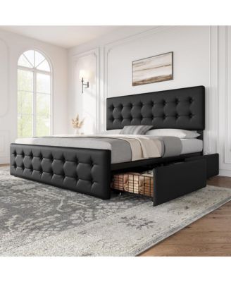 Bed Frame with Headboard and 4 Storage Drawers, Square Stitched Button Tufted Platform - King
