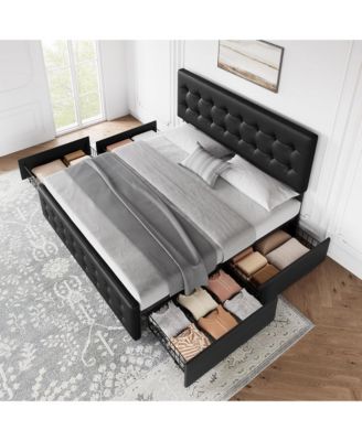 Bed Frame with Headboard and 4 Storage Drawers, Square Stitched Button Tufted Platform - King