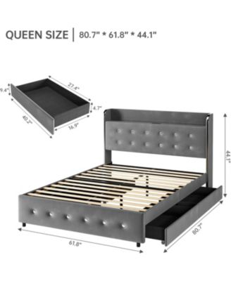 Upholstered Platform Bed Frame with Trundle & 4 Storage Drawers - Queen