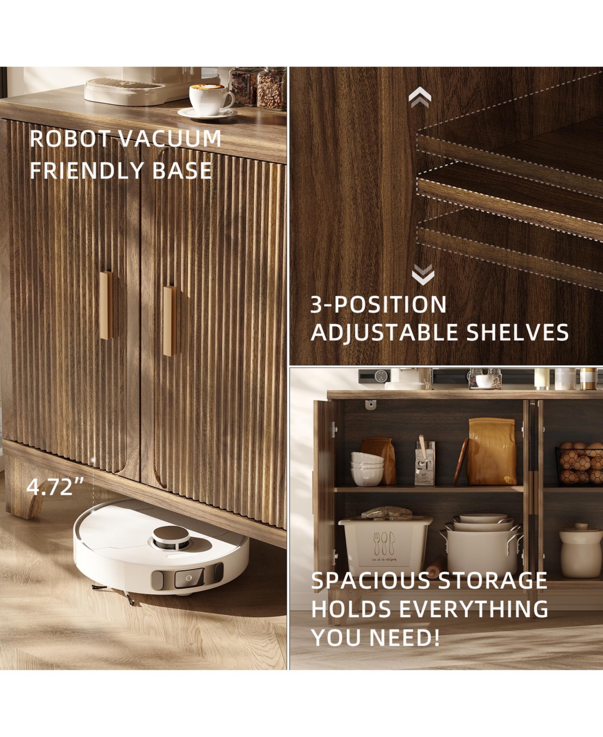 Sugift 55" Mid Century Modern Fluted Buffet Cabinet with Storage 4 Door Wood Sideboard Credenza for Kitchen Living Room